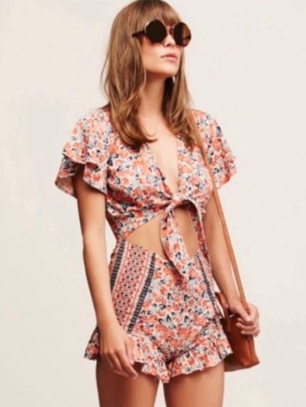Free People Floral Cut Out Romper Dress Boho Festival Rayon Mini Dress Size XS
